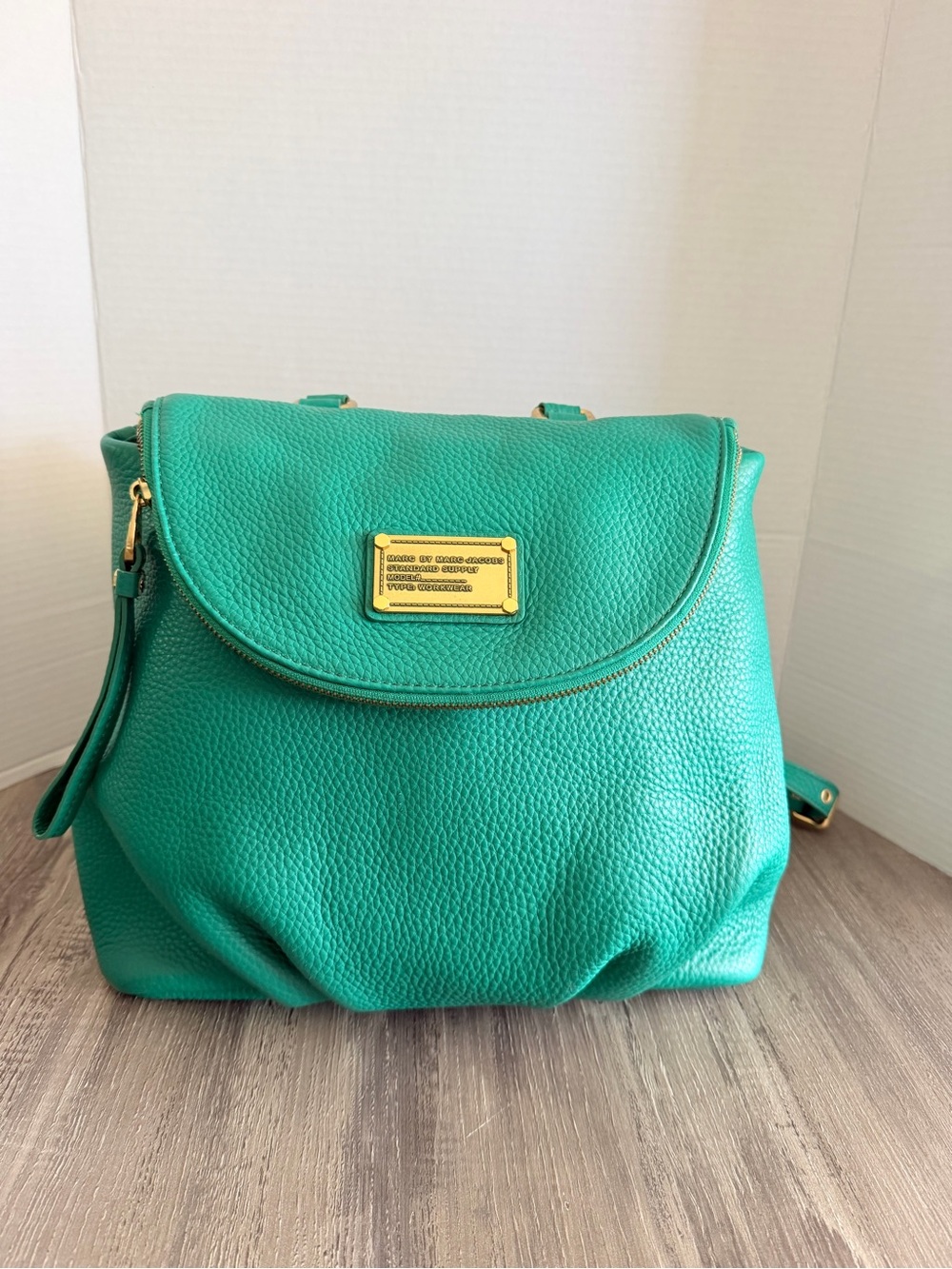 Marc Jacobs Green Pebbled Leather Backpack Top Handle Bag with Gold Plate Zip